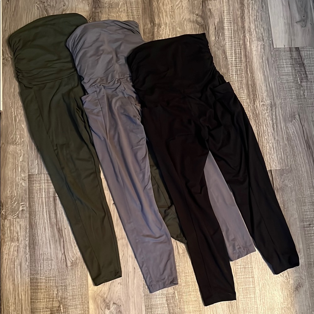 Maternity Lot of Black Green and Gray Leggings with Elastic Waistband